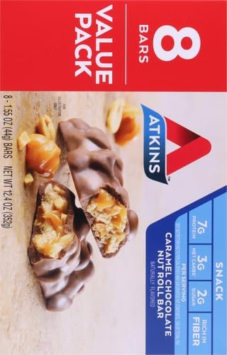 Atkins Caramel Chocolate Nut Roll Snack Bar Protein Snack High In Fiber 2G Sugar 8 Count