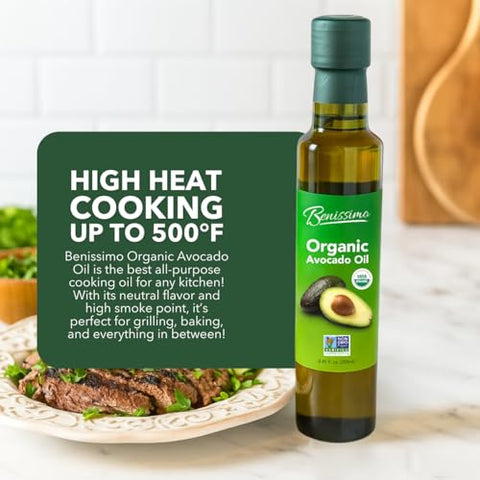 Benissimo 100% Pure Organic Avocado Oil Ã¢â‚¬â€œ Cold-Pressed, Non-GMO, Allergen-Free Cooking Oil, 8.45 Fl Oz - Perfect for SautÃƒÂ©ing, Frying, Baking & Salads
