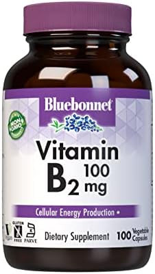 Bluebonnet Nutrition Vitamin B2 100 Mg For Cardiovascular And Nervous System Health Soy Gluten Kosher Dairy Vegan Nongmo 100 Vegetable Capsules 100 Servings