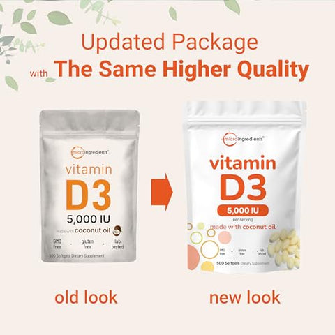 Micro Ingredients Vitamin D3 5000 Iu 500 Softgels Virgin Coconut Oil Cholecalciferol Form Bone Immune & Heart Support Easy To Swallow Non-Gmo
