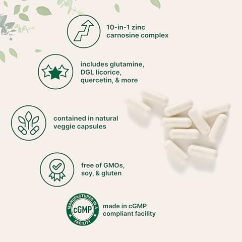 Zinc Carnosine 75Mg 240 Veggie Capsules 10In1 Zinc Supplements For Men and Women With Glutamine Dgl Licorice Quercetin Slippery Elm Bark and Ginger Root NonGmo Gluten