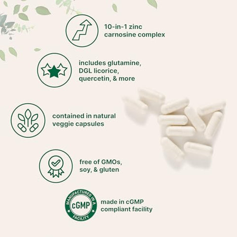 Micro Ingredients Zinc Carnosine 75Mg 240 Veggie Capsules 10-In-1 Zinc Supplements For Men & Women With Glutamine Dgl Licorice Quercetin Slippery Elm Bark & Ginger Root Non-Gmo Gluten Free