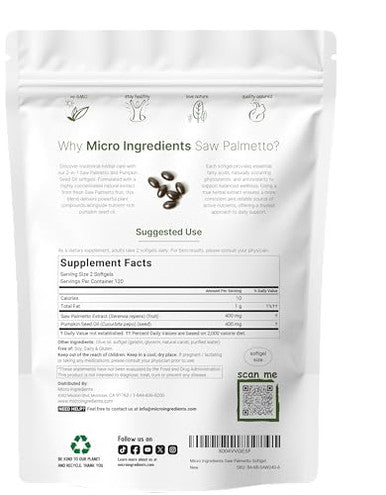 Micro Ingredients Saw Palmetto With Pumpkin Seed Oil For Men 240 Softgels Cold-Pressed Extract Virgin Oil Formula Rich In Essential Fatty Acids & Phytosterols Non-Gmo Gluten & Soy Free