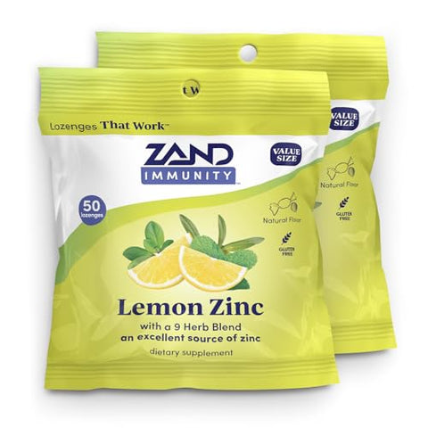 ZAND Immunity Lemon Zinc Throat Lozenges 2 Pack GoodforYou Dry Mouth Lozenges Immune Support Supplement w/Zinc 5mg Eucalyptus Mullein Soothe a Dry Throat Natural Flavor Gluten 50ct ea