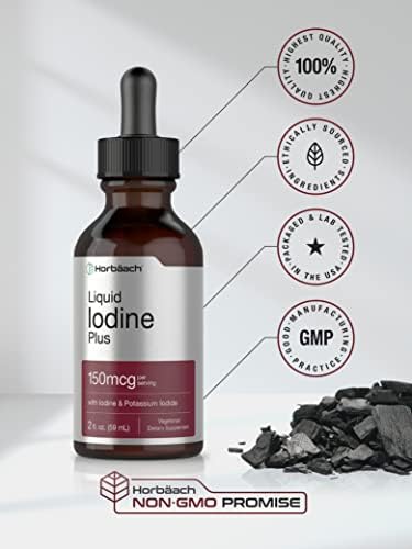 Horbaach Iodine Liquid Supplement Drops 2 fl oz 150 mcg Potassium Iodide Tincture Vegetarian NonGMO Gluten Free Formula