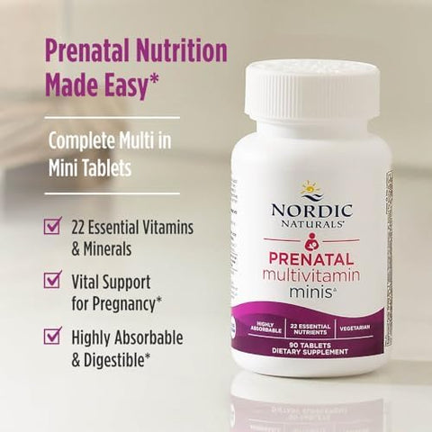 Nordic Naturals Vegetarian Prenatal Multivitamin Minis 90 Easy to Swallow Tablets Highly Absorbable Multivitamin and Mineral Supplement to Support Pregnancy NonGMO 30 Servings