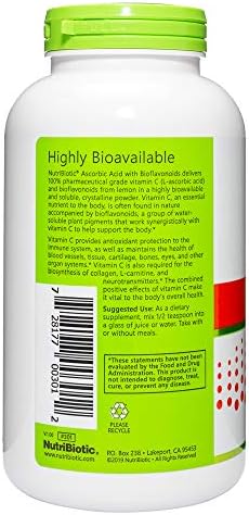 Nutribiotic - Ascorbic Acid With Bioflavonoids Powder 16 Oz Highly Soluble Antioxidant & Collagen Support Supplement 2000 Mg Vitamin C With Lemon Bioflavonoid Complex Vegan Gluten & Gmo-