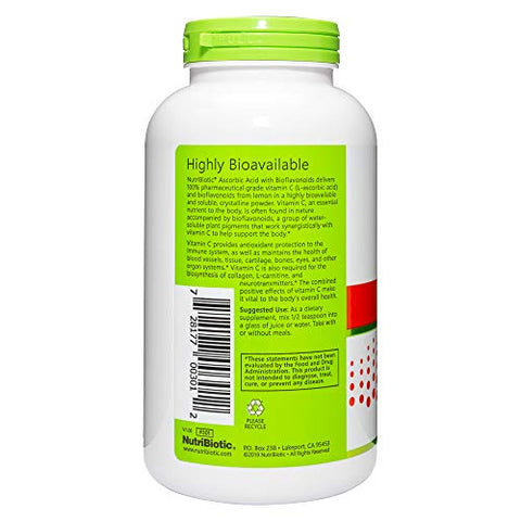 NutriBiotic Ascorbic Acid with Bioflavonoids Powder Highly Soluble Antioxidant and Collagen Support Supplement 2000 Mg Vitamin C with Lemon Bioflavonoid Complex Vegan Gluten and GMOFree 16 Oz