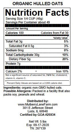 Whole Oats 5 Pounds Hulled, Groats, USDA Certified Organic Non-GMO Bulk, Mulberry Lane Farms