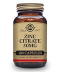 Solgar Zinc Citrate 30 Mg 100 Vegetable Capsules - Zinc For Healthy Skin Immune Support 100 Servings 100 Count