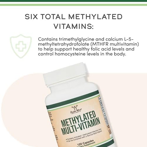 Methylated Multivitamin (Methylated and Activated Vitamins Only Methylated B Complex with Trimethylglycine (TMG) and Methylfolate)(NonGMO Gluten Free MTHFR Supplement) 120 Capsules by Double Wood