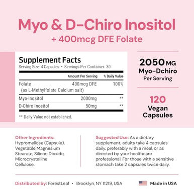 Forestleaf Myo-Inositol & D-Chiro Inositol Supplement For Women'S Health Fertility Supplements Women Inositol 40 1 Ratio Support Ovarian Function & Healthy Hormone Balance Women 2050Mg 120 Powder Caps