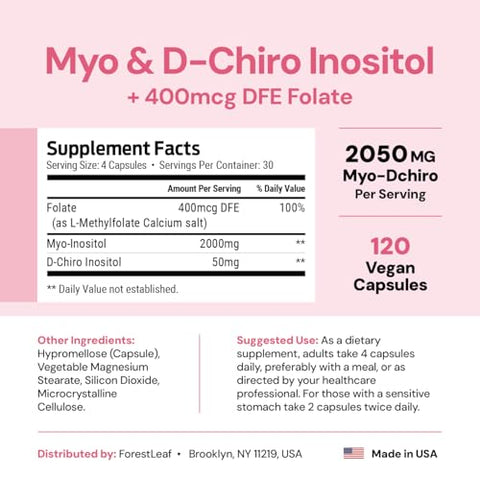 Forestleaf Myo-Inositol & D-Chiro Inositol Supplement For Women'S Health Fertility Supplements Women Inositol 40 1 Ratio Support Ovarian Function & Healthy Hormone Balance Women 2050Mg 120 Powder Caps