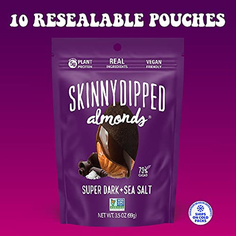 SkinnyDipped Super Dark Chocolate + Sea Salt Almonds Vegan Healthy Snack Plant Protein Gluten 3.5 oz Resealable Bags Pack of 10