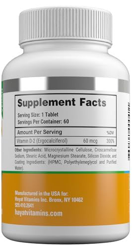 Hayat Vitamins Vegan Vitamin D2 2400 Iu (60 Mcg) Dietary Supplement For Bone Teeth Muscle And Immune Health Support 2 Month Supply All Natural Certified Halal 60 Tablets Made In The Usa