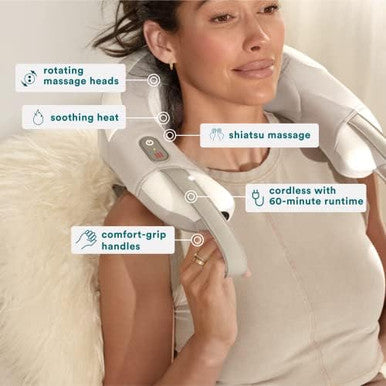 Homedics Shiatsu Rechargeable Neck Massager With Heat, Deep-Kneading Shiatsu Massage, Comfort-Flex Handles, Integrated Controls, Cordless, Relaxes Muscle Tension, Releases Sore Muscles