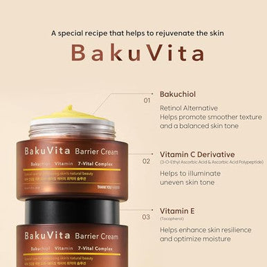 Thankyou Farmer Bakuvita Barrier Cream - Bakuchiol Cream, Day & Night Korean Moisturizer, Bakuchiol Retinol Alternative, Vitamin C + E Korean Serum, Pore Care, Firming, Vegan 1.75 Fl Oz (50Ml)