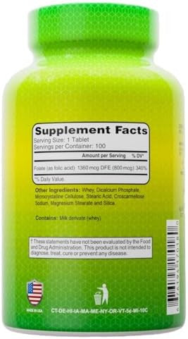 Alfa Vitamins Folic Acid 800 Mcg Dietary Supplement Natural Folate Helps Supports Cardiovascular Health Metabolism Brain & Proper Development Of Fetus During Pregnancy 100 Tablets