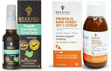 Bee And You Bundle Propolis Extract Raw Honey Throat Spray And Cough Syrup W/Vitamin C Soothing Honey Immune Support Supplement Sore Throat Relief