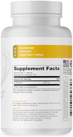 Bucked Up L-Theanine 200Mg Capsules Gluten- Non-Gmo Third-Party Tested Premium Theanine Amino Acid Supplement For Daily Support - 200 Servings (200 Capsules)