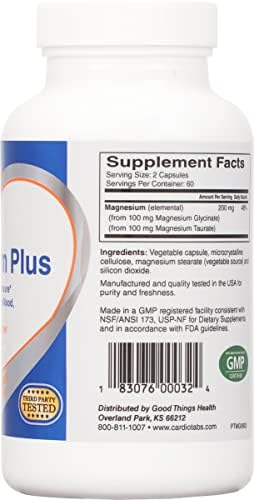Cardiotabs Magnesium Plus " 200 Mg Of Magnesium Glycinate And Magnesium Taurate For Blood Pressure Heart Brain Sleep & Mood Support " Highly Concentrated And Well Absorbed 120 Capsules