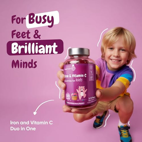 Maxmedix Kids Iron Gummies With Vitamin C 120 Gummies (4-Month Supply) 7Mg Of Kids Iron Supplement With Vitamin C 10Mg Natural Mixedberry Flavored 1 Gummy Per Day Vegan Non-Gmo