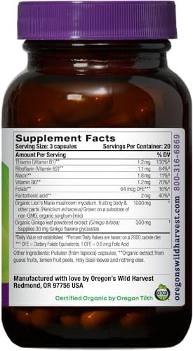 Oregon'S Wild Harvest Lion'S Mane Plus Brain & Memory Support With Vitamins & Ginkgo Organic 60 Count