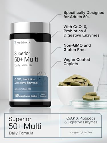 Horbaach Multivitamin for Men and Women Over 50 120 Caplets Daily Supplement for Adults with Coq10 Probiotics and Digestive Enzymes Vegan NonGMO Gluten Free Formula