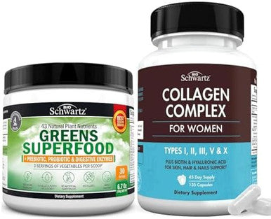 Super Greens Powder With Probiotics Prebiotics And Digestive Enzymes (30 Servings) Plus Hydrolyzed Collagen Peptide Capsules (45 Day Supply)