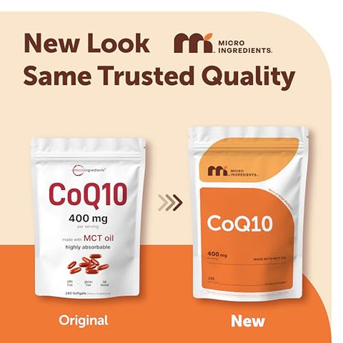 Micro Ingredients Coq10 400 Mg Per Serving 240 Softgels Made With Coconut Mct Oil Coenzyme Q10 (Ubiquinone) Non-Gmo