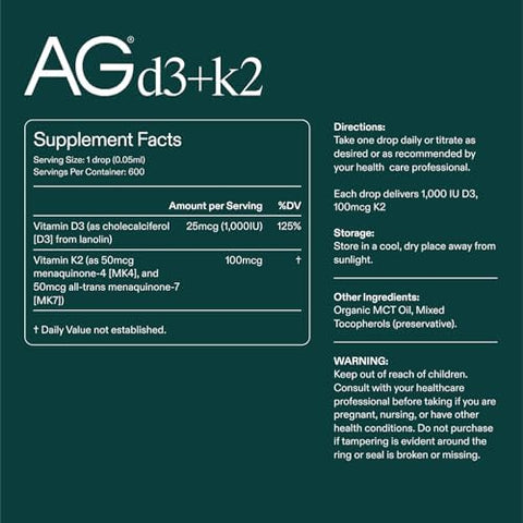AG1 Vitamin D3 K2 Drops 1000IU of Vitamin D3 and 100mcg of K2 per Serving Supports Bone Density and Calcium Absorption (Athletic Greens)