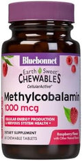 Bluebonnet Earthsweet Methylcobalamin 1000 Mcg Active Coenzyme Form Of Vitamin B12 Supports Energy Boost & Metabolism Vegan Gluten Raspberry Flavor 60 Chewable Tablets