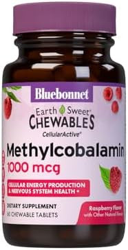 Bluebonnet Earthsweet Methylcobalamin 1000 Mcg Active Coenzyme Form Of Vitamin B12 Supports Energy Boost & Metabolism Vegan Gluten Raspberry Flavor 60 Chewable Tablets