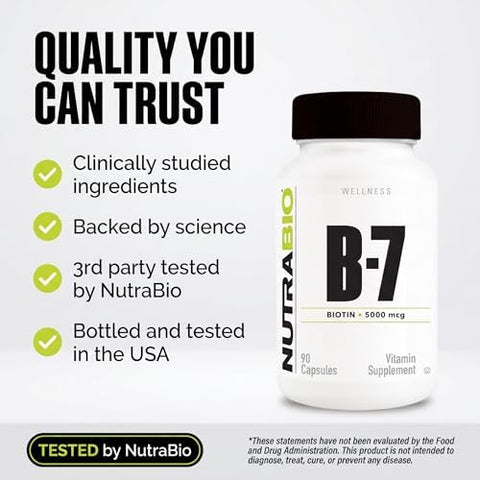 Nutrabio Biotin (Vitamin B7) Supplement 5000Mcg May Help Promote Healthy Hair Skin And Nails 90 Vegetable Capsules