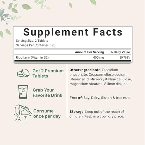 Micro Ingredients Riboflavin Vitamin B2 400Mg Per Serving 240 Mini Tablets Essential Vitamin B Supplement B Vitamins For Energy Production Easy To Swallow Non-Gmo