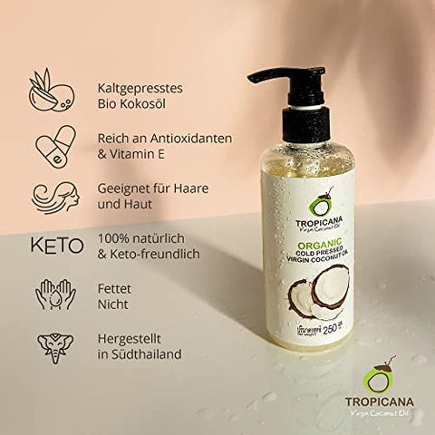Tropicana Virgin Coconut Oil USDA Organic 8.45 fl. oz. Whole Kernel Cold-Pressed Coconut Oil Hexane-Free Not-Hydrogenated Great for Hair & Skin with Delicious Light Coconut Flavor & Aroma