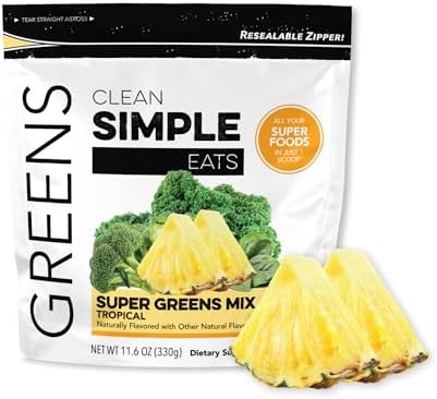 Clean Simple Eats Super Greens Powder Naturally Flavored Greens Powder With Chlorella Spirulina Superfoods & Prebiotic Fiber No Artificial Ingredients Gluten Tropical Greens Flavor 30 Srvg