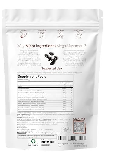 Micro Ingredients 10 In 1 Mega Mushroom Complex Supplement Lions Mane Cordyceps Reishi Chaga & More 240 Softgels With Mct Oil 4 Month Supply Adaptogenic Functional Mushroom Blend
