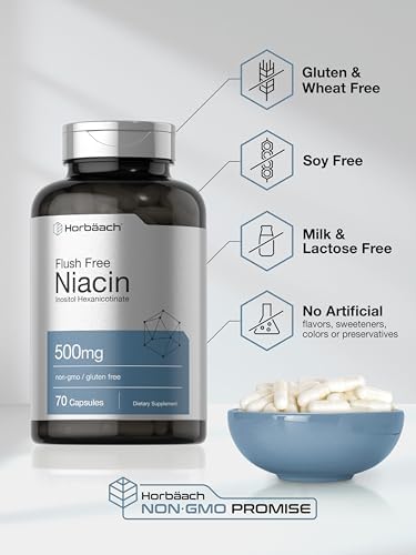 Horbaach Niacin 500mg Flush Free 70 Capsules Vitamin B3 Inositol Hexanicotinate NonGMO and Gluten Free