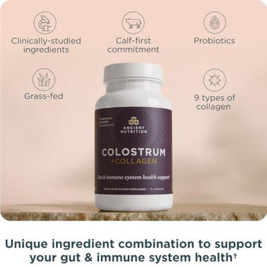 Ancient Nutrition Colostrum Superfood + Collagen Grass Fed Bovine Colostrum Fermented Eggshell 75 Count