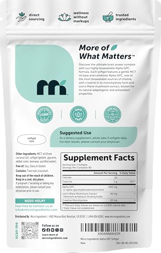 Micro Ingredients Alpha Gpc 600Mg Per Serving With Mct Oil 240 Softgels Bioavailable Choline Supplement With Creatine Monohydrate & Lion S Mane Non Gmo Cgmp Manufactured