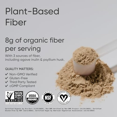 Sports Research Organic Fiber Unflavored Organic Fiber Powder - Daily Psyllium Husk And Prebiotic Agave Inulin Helps Maintain Regularity With Soluble & Insoluble Fiber - Easy To Mix 30 Servings