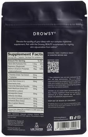 Drowsy Sleep Nighttime Sleep & Skin Supplement With Magnesium Ltryptophan Ltheanine & Hyaluronic Acid Supports Restful Nights & Glowing Skin Nonhabit Forming