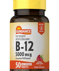 Sundance Vitamin B12 Fast Dissolve Tablets 5000 mcg 50 Count as Methylcobalamin Natural Berry Flavor Vegetarian NonGMO and Gluten Free Supplement