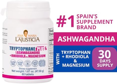 Ana MaraA Lajusticia Tryptophane Plus Ashwagandha Supplement + Rhodiola & Magnesium 60 Tabs Vegan Gluten Kosher Halal Lactose 600 Mg Support Strees Relief Energy And Sleep.