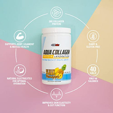 EHP Labs Aqua Hydrolyzed Collagen Peptides Powder 10g of Protein per Serving Hydration and Gut Health Support Grass Fed Pasture Raised Bovine Collagen Type I and III 24 Servings Raspberry Refresh