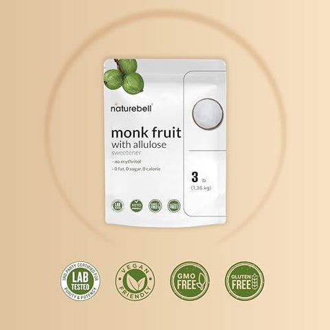 Monk Fruit & Allulose Sweetener with No Erythritol, 3 Pounds | 0 Aftertaste, 0 Calories, 0 Net Carbs ÃƒÂ¢Ã¢â€šÂ¬Ã¢â‚¬Å“ 1:1 Sugar Substitute ÃƒÂ¢Ã¢â€šÂ¬Ã¢â‚¬Å“ Perfect Sweet Balance for Baking, Cooking, Beverages ÃƒÂ¢Ã¢â€šÂ¬Ã¢â‚¬Å“ Keto, Vegan
