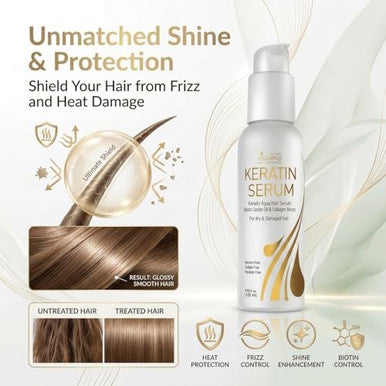 Vitamins Hair Cosmetics Keratin Hair Serum With Biotin Castor Oil & Collagen - Anti-Frizz Heat Protectant & Leave-In Shine Treatment For Dry Damaged Color-Treated Hair - ( ) 4.25 Fl Oz 125Ml