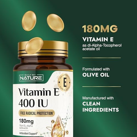 Built by Nature Vitamin E with Olive Oil 400 IU (dlAlpha Tocopherol) High Potency Antioxidant Supplement for Immune Skin and Heart Health NonGMO 4 Month Supply 120 Softgels