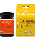 Wedderspoon Raw Premium Manuka Honey KFactor 16+ & Wedderspoon Organic Manuka Honey Drops, Lemon + Bee Propolis, Unpasteurized, Perfect Remedy For Dry Throats